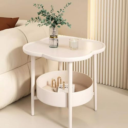 2-Tier Modern Sofa Side Table, Four-Leaf Clover Shape End Table Coffee Tea Snack Table Small Nightstand with Storage for Bedroom Living Room Creamy White - color: Creamy White
