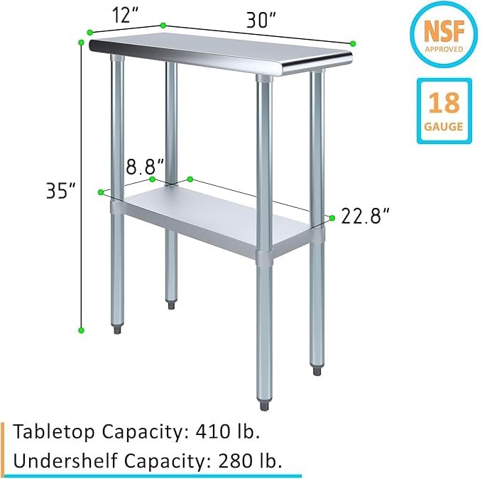 30x12 Stainless Steel Prep Table – NSF Certified Heavy Duty Work Table for Home & Commercial Use – Galvanized Undershelf & Legs - size: 12x30