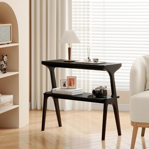 Solid Wood End Table, 2-Tier Side Table with Storage Shelf, Wooden Modern Accent Slim Bedside Table for Sofa, Living Room, Bedroom, Small Space, Easy Assembly, Black - color: Black