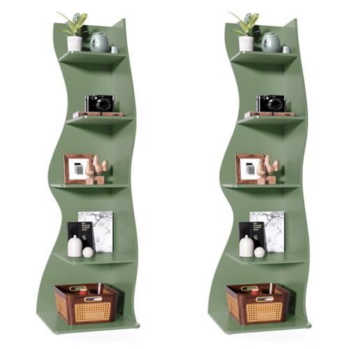 LITTLE TREE Small Corner Shelf, Modern 5-Tier Wall Corner Bookshelf, Stylish Bookcase Storage Rack for Small Space, Living Room, Bedroom, Green, 2 Pack - color: Green, size: 2 Pack