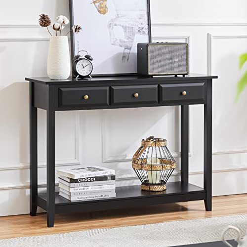 Yaheetech Console Table with 3 Drawers, Wood Entryway Table with Storage Shelf, Sofa Tables Narrow Long for Living Room, Entryway, Hallway, Foyer, Black - color: Black