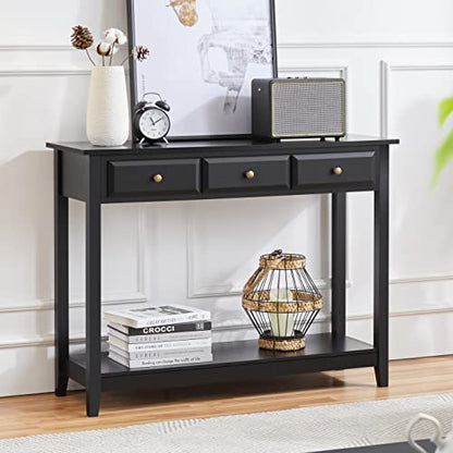 Yaheetech Console Table with 3 Drawers, Wood Entryway Table with Storage Shelf, Sofa Tables Narrow Long for Living Room, Entryway, Hallway, Foyer, Black - color: Black
