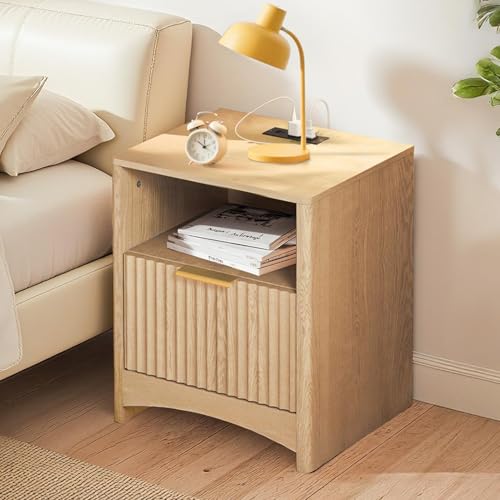 Marsail Fluted Nightstand Set of 2, Wooden Nightstands with Drawers, Modern Bedside Table with Charging Station and Storage, End Table with Storage Side Table for Bedroom, Oak - color: Oak