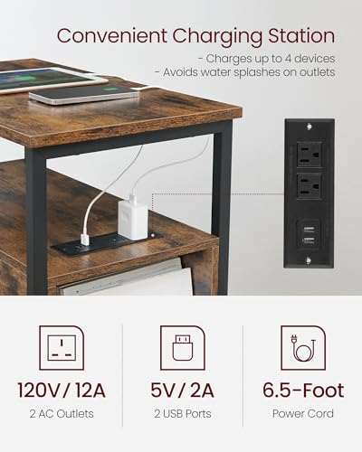VASAGLE Side End Table with Charging Station, Slim Nightstand with 2 Drawers, Narrow Bedside Table for Living Room, Small Spaces, Rustic Brown and Ink Black ULET321B01V1S - color: Rustic Brown + Ink Black, size: 23.6"D x 11.8"W