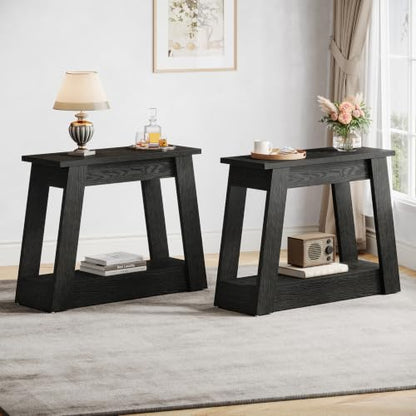 Tribesigns Wood End Table, Small Side Table with 2 Storage Shelves, Rustic Accent Narrow Nightstand for Living Room, Bedroom (2, Black) - color: Black