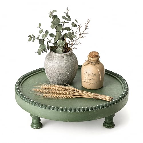 EOSAHR Pine Wood Round Display Riser for Home Decor – Beaded Pedestal Tray for Bathroom Decor, Coffee Table, Soap Dispenser, Plants – Farmhouse New Home Essential(Green) - color: Green
