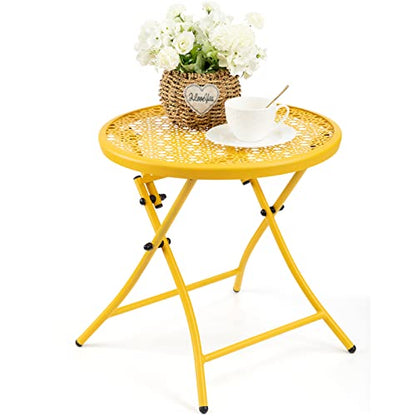 TeoKJ Folding Outdoor Side Tables, Anti Rust Small Patio Table Round Metal Nightstand with Flower Cutouts for Porch Yard Balcony Deck Lawn, Yellow - color: Yellow