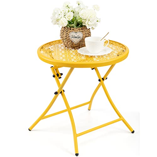 TeoKJ Folding Outdoor Side Tables, Anti Rust Small Patio Table Round Metal Nightstand with Flower Cutouts for Porch Yard Balcony Deck Lawn, Yellow - color: Yellow