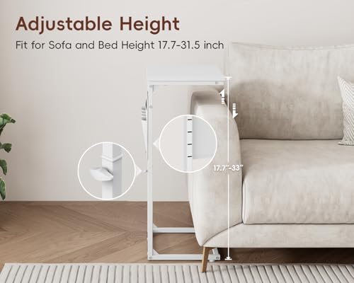 Vagusicc C Shaped End Table with Charging Station, Adjustable Height Side Table for Couch, Sofa Table Laptop Couch Side Tables, Slide Under Sofa TV Tray Arm C Tables for Living Room Bedroom, White - color: 1pc White