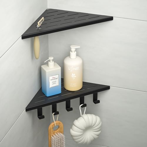 10'' Corner Shower Shelf, 304 Stainless Steel Shelves for Bathroom, Grout in Shelf with Hooks for Tiled Wall (Matte Black) - color: Matte Black