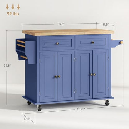 HOMCOM Kitchen Island Cart with Solid Wood Top 44" Mobile Navy Blue | Kitchen Island Table, on Wheels, Storage Cabinets, 2 Drawers, Adjustable Shelves, Spice Rack & Towel Bar, for Dining Room - color: Navy Blue