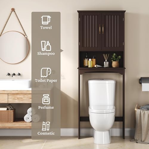 Yaheetech Over The Toilet Storage with 2 Doors & Adjustable Shelf, Free Standing Toilet Rack Wooden Space-saving Collect Cabinet, Bathroom Furniture, 9Dx24.5Wx66H Inches, Espresso - color: Espresso
