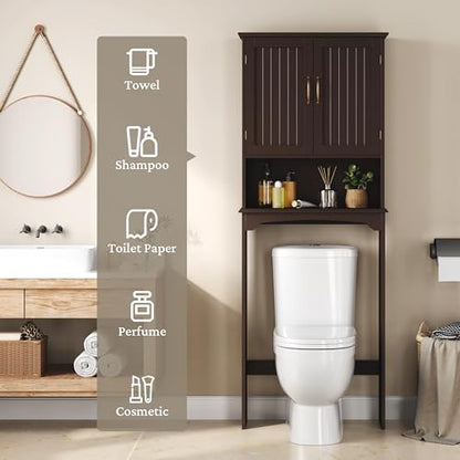 Yaheetech Over The Toilet Storage with 2 Doors & Adjustable Shelf, Free Standing Toilet Rack Wooden Space-saving Collect Cabinet, Bathroom Furniture, 9Dx24.5Wx66H Inches, Espresso - color: Espresso