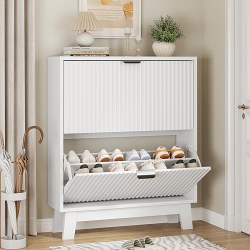 Xixini Shoe Cabinet with 2 Flip Drawers, 37" Tall Narrow Fluted Shoe Storage Organizer for Entryway, Hidden Slim Wooden Shoe Rack Cabinet for Front Door Entrance, Hallway, Living Room, Solid White - color: Solid White, size: 2 Flip Drawers