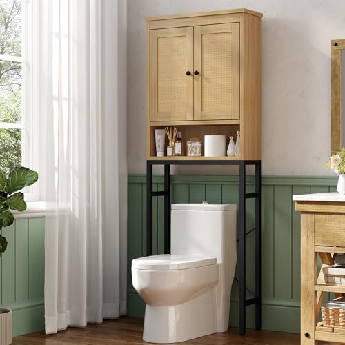 knoworld Rattan Over The Toilet Storage Cabinet, Metal Stand Above Toilet Bathroom Organizer, Behind Toilet Cabinet with Adjustable Shelf, Space Saver for Restroom, Bathroom, Laundry, Natural - color: Natural, style: Metal Stand
