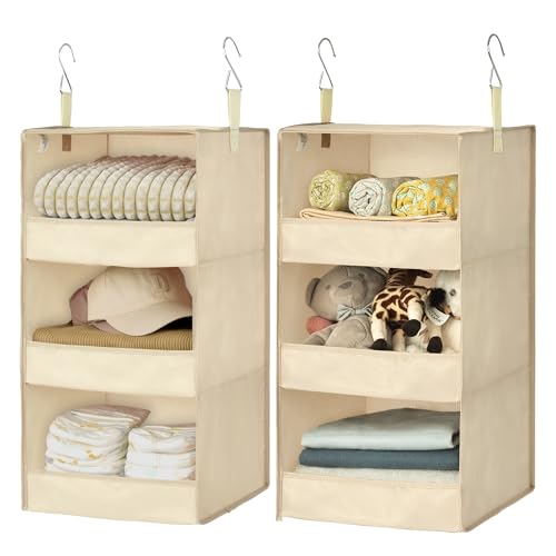 GRANNY SAYS 3 Shelf Hanging Closet Organizers and Storage, Collapsible Closet Storage Organizer with 2 Metal Hooks, Leak-Proof Hanging Shelves for Wardrobe, RV Camper, Locker, 2 Pack, Khaki - color: 3-shelf Khaki, size: 2-Pack