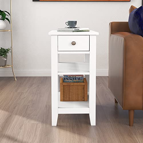 ChooChoo Side Table Living Room, Narrow End Table with Drawer and Shelf, 3-Tier Sofa End Table for Small Space, White - color: White