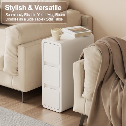 AQIMUELE Narrow Nightstand - Narrow Bedside Table with Drawers, Wood Small Nightstand with Leather Surface for Bedroom, White - 7.9" W - color: White (3 Drawers), size: 7.9"W