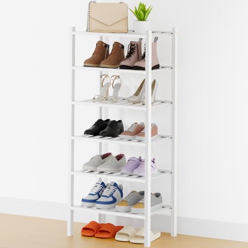 Smiry Bamboo Shoe Rack, 14 Vertical Slats, 6 Tier - 17.3" Wide, White | Stackable Free Standing Wooden Shoe Organizer, Wood Shoe Storage Shelf for Closet, Entryway, Thicher Leg - color: White, size: 17.32" Wide - 6 Tier - Thicker