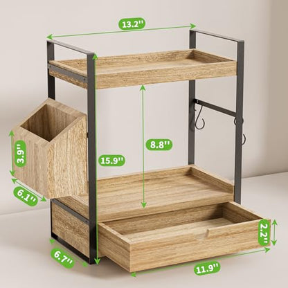 2-Tier Bathroom Counter Organizer, Wooden Vanity Shelf with Drawer & Basket | Pre-Drilled Holes, Skincare & Makeup Countertop Organizer and storage - color: Light Brown