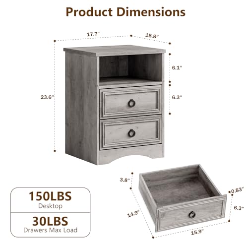 LGHM Set of 2 Nightstand, Large Night Stand with 2 Drawers, 17.7" W Accent Bed Side Table and End Table with Large Open Compartment for Bedroom, Living Room,Gray