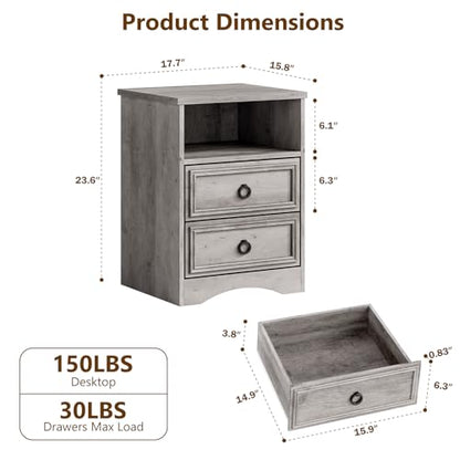 LGHM Set of 2 Nightstand, Large Night Stand with 2 Drawers, 17.7" W Accent Bed Side Table and End Table with Large Open Compartment for Bedroom, Living Room,Gray