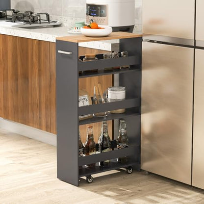 4-Tier Rolling Storage Cart, 8 Inches Slim Kitchen Cart on Wheels with Open Shelves & Handle, Laundry Room Cart Between Washer and Dryer, for Narrow Space Bathroom Next to Fridge (Grey & Natural) - color: Grey & Natural