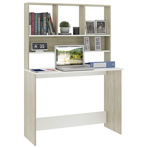 Computer Desk with Shelves, Modern Writing Workstation for Home Office, 43.3 x 17.7 x 61.8 Inches, Engineered Wood, White and Sonoma Oak - color: White and Sonoma Oak