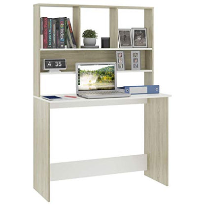 Computer Desk with Shelves, Modern Writing Workstation for Home Office, 43.3 x 17.7 x 61.8 Inches, Engineered Wood, White and Sonoma Oak - color: White and Sonoma Oak