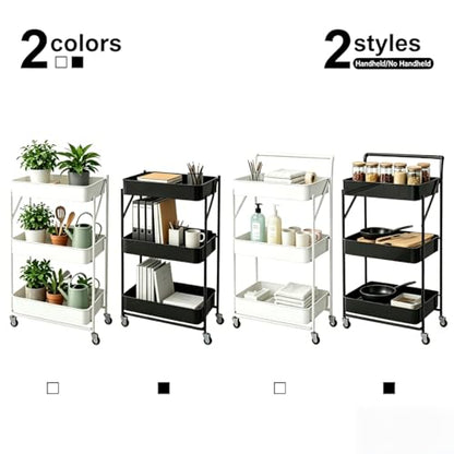 3-Tier Metal Foldable Rolling Cart with Wheels, Heavy Duty No Assembly Required, Space Saving Multi-Purpose Utility Trolley for Kitchen Bathroom Office Dorm Living Room Balcony (Black, Handheld) - color: Black