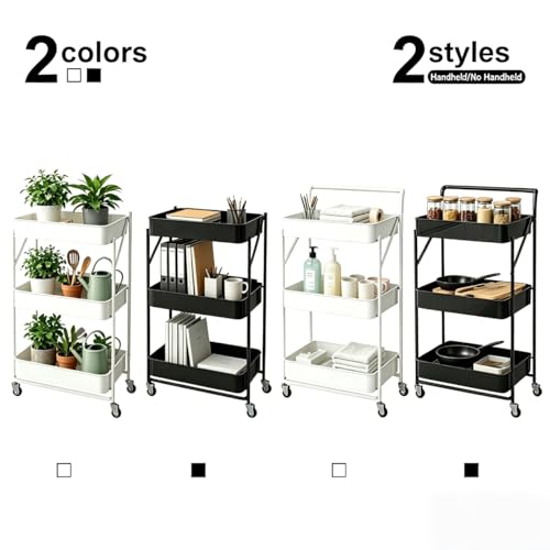 3-Tier Metal Foldable Rolling Cart with Wheels, Heavy Duty No Assembly Required, Space Saving Multi-Purpose Utility Trolley for Kitchen Bathroom Office Dorm Living Room Balcony (White, Handheld) - color: White