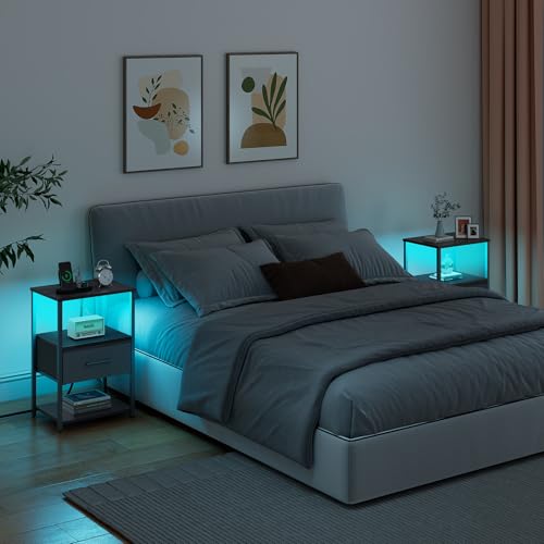TUTOTAK LED Nightstand Set of 2, Night Stand with Charging Station, End Table, Bedside Table with Fabric Drawer, Side Table for Livingroom and Bedroom, Black TB01BK0692L - color: Black, style: Plug&LED