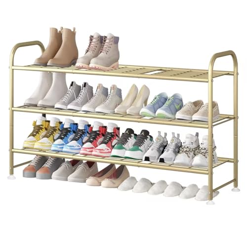 LINZINAR 3 Tier Long Shoe Rack for Closet Metal Shoe Organizer for Entryway | Spacious design stores 20+ pairs of shoes,durable metal frame,space-saving organizer for closet, hallway, and Entryway Gold - color: Gold, size: 3-Tier