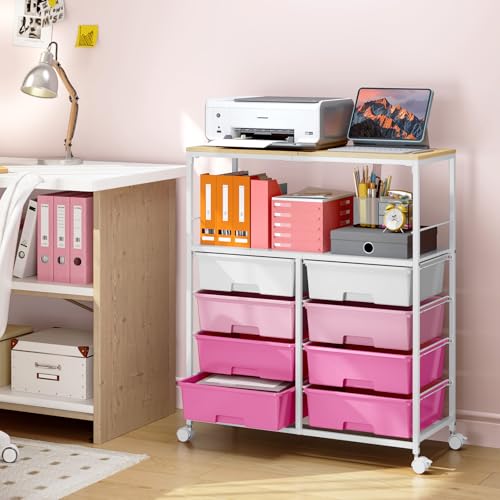 Rolling cart with 8 drawers,Storage drawer cart with wooden tabletop,Lockable wheels organizer for homeschool, arts & crafts, classroom, office & creative spaces (Pink) - color: Pink