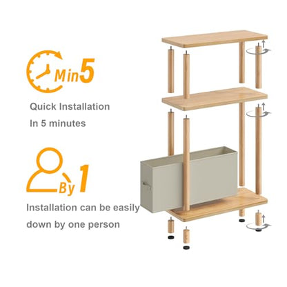 Apicizon Small Narrow Side Table, 3-Tier Skinny End Table for Small Spaces, Slim Nightstand with Fabric Basket, Bedside Table for Living Room, Bedroom, Natural - color: Natural, style: Narrow Side Table with Basket