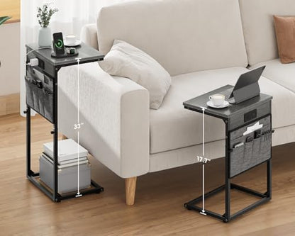 Vagusicc C-Shaped End Table Set of 2 with Charging Station, Small Side Table for Couch, Adjustable Height Couch Side Table, Slide Under Sofa Table TV Tray for Living Room,Bedroom,Bedside, Gray Walnut - color: 2pc Gray Walnut