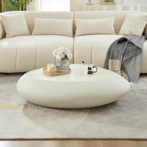 47" Modern Coffee Table Faux Stone Coffee Table Unique Rock Center Tables Round Edge Design Accent Tables for Living Room Office Apartment No Assembly,Fiberglass, Cream White - color: Fiberglass Oval-white