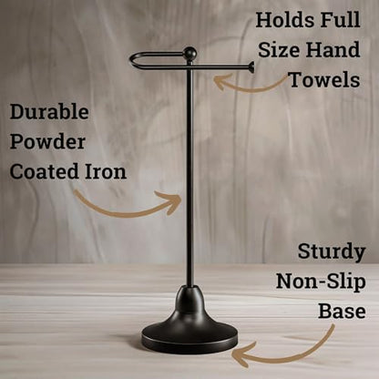 Hand Towel Holder for Bathroom Countertop, 17" Tall, Freestanding, Non-Slip | Holds Full Size Hand Towels, Fingertip, Washcloth - Rotating Lower Arm - Rust Resistant - Sturdy Base with Anti-Slip Pads