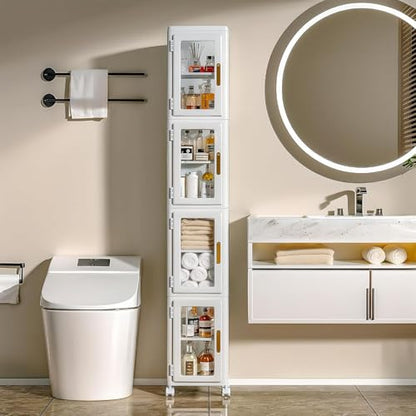 VECELO 4 Tier Tall Plastic Slim Storage Cabinet with Lockable Wheels, Adjustable Shelves, Anti-Tip for Bathroom, Living Room, Laundry Room, Kitchen, Narrow/Small Space, Easy Assembly, Clear