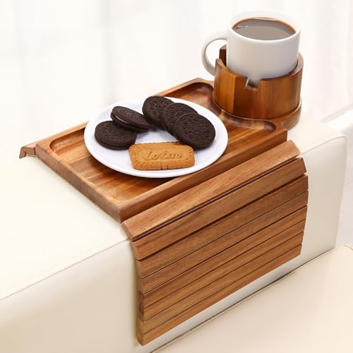 Couch Cup Holder Tray,Acacia Wood Sofa Arm Clip on Tray Table with 360° Rotation Cup Holder,Foldable Anti-Slip Couch Armrest Table for Coffee Mug,Water Bottles,Snacks,Remote on Large Armrest - color: Acacia Wood