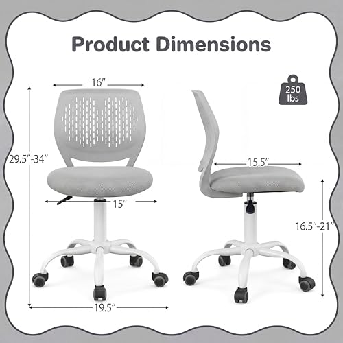Costzon Kids Desk Chair, Armless Height Adjustable Kids Computer Chair w/Elastic Sponge Filling, Ergonomic Backrest & Stable 5-Point Wheels, Children Rolling Swivel Chair for Studyroom (Gray) - color: Grey