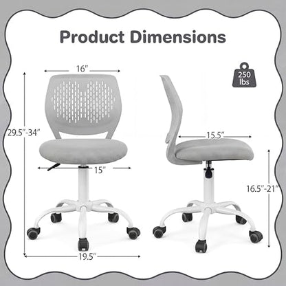 Costzon Kids Desk Chair, Armless Height Adjustable Kids Computer Chair w/Elastic Sponge Filling, Ergonomic Backrest & Stable 5-Point Wheels, Children Rolling Swivel Chair for Studyroom (Gray) - color: Grey