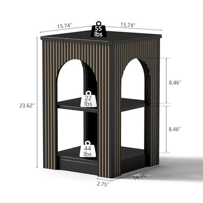 weselon End Table Set of 2, Mid-Century Modern Side Table with 3-Tier Storage Shelves and Arched Carving Lines, Square Fluted Nightstand for Living Room, Bedroom, or Office (2, Black) - color: Black