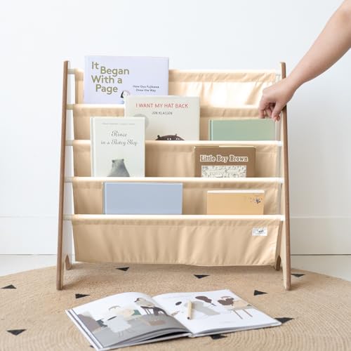 3 Sprouts Recycled Kids Bookshelf, Holds 35 Books, 4-Tier, Beige | Space-saving bookshelf, Children's room, Toddler bookcase organizer, Ages 3+, Book/toy storage, Front-facing, Covers visible - color: Solid Beige