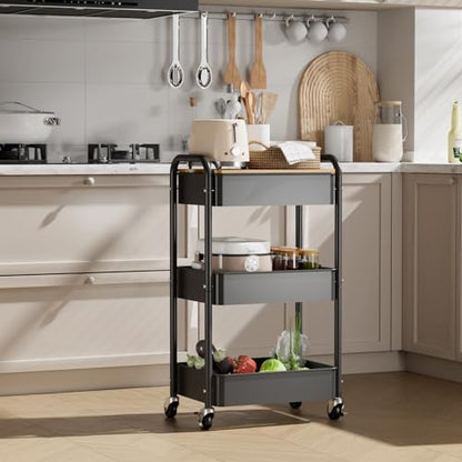 3 Tier Rolling Cart with Table top, Metal Utility Cart, Sturdy Storage Organizer Cart with Locking Wheels & Hooks for Office, Classroom, Kitchen and Bathroom - color: Black