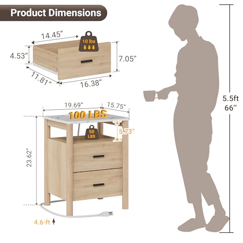 Night Stand, 20" Wide Nightstand, Modern Large Nightstand with Charging Station & Faux Marble Top, 2 Drawer End Table with Solid Round Post Legs, Bedside Table for Bedroom, Natural Oak - color: Natural Oak + Faux Marble Top, size: 20''W x 15.7'D x 24''H (