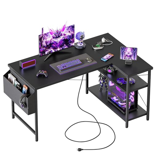 Mericonia Small L Shaped Computer Desk with Power Outlets, Reversible Gaming Desk with Storage Shelves, Corner Gamer Desk Table, Study Writing Table - color: Black, size: 47 inch