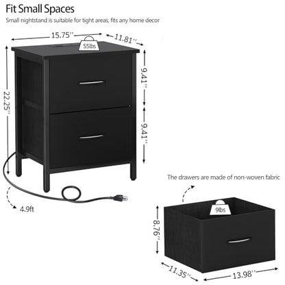 Vagusicc Nightstand Set of 2 with Charging Station, End Table Bedside Table with Power Outlet & USB Ports, Side Table with 2 Fabric Drawers for Bedroom, Living Room, Black - color: Black (2 Pack)