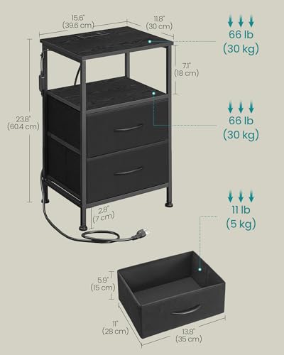 SONGMICS BELLAH Collection - Nightstand with Charging Station and App-Controlled Adjustable LED Lights, Bed Side Table, 2 Drawers and 1 Open Shelf, Modern, Ink Black and Ebony Black ULGS302BH01S - color: Ink Black + Ebony Black, size: 2 Drawers
