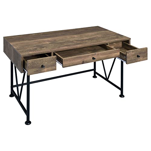 Coaster Furniture Analiese Farmhouse 3 Drawer Home Office Writing Desk Black Metal Base Rustic Oak Brown 802541 - color: Brown